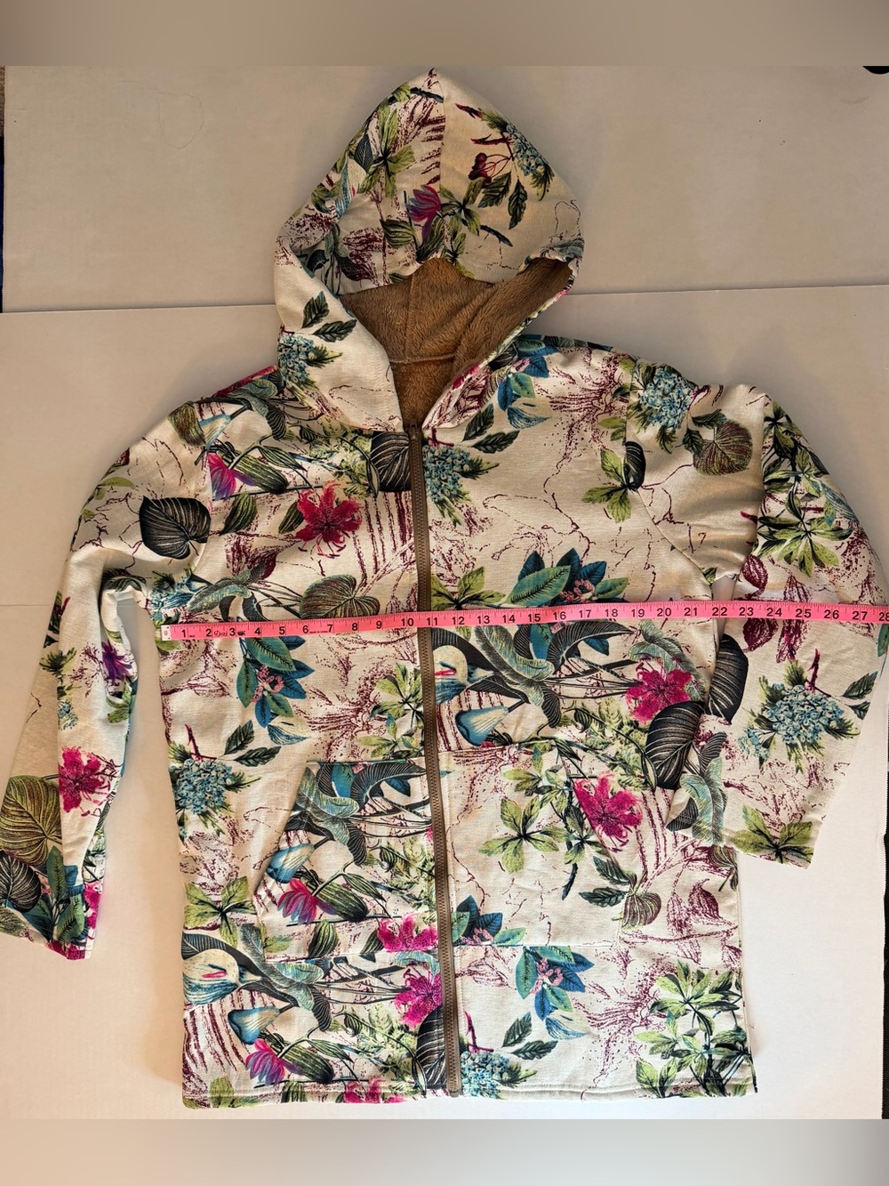 Cozy Soft Boho Light Plant Floral Hooded Zip-up Jacket Tan Fleece Lining Size L - Picture 5 of 13